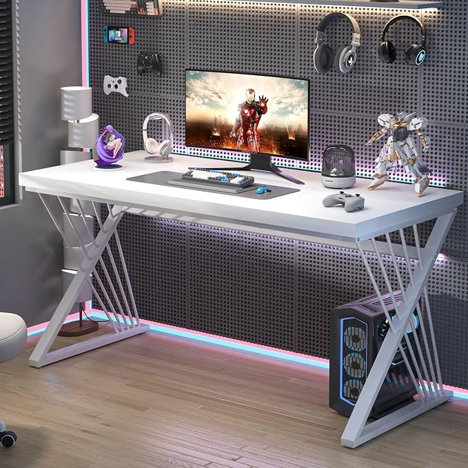 FOLUBAN Modern White Desk, Rustic Wood and Metal Computer Desk for Home Office, Simple Writing Work PC Desks for Bedroom, Industrial Study Gaming Table for Living Room, White, 53 Inch