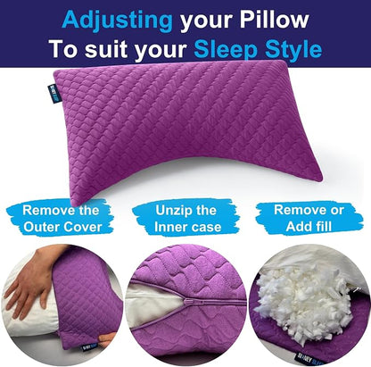 Sidney Sleep Adjustable Curved Pillows for Neck and Shoulder Support with Extra Shredded Fill - Cervical Contour Pillow for Side and Back Sleepers. Queen Size 19" x 29" CertiPUR-US Certified (Magenta)
