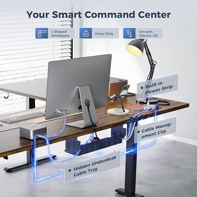 Klicelor L Shaped Standing Desk 75 x 61 Inch,Electric Height Adjustable Corner Desk with Cable Management & Power Outlets, Ergonomic Sit Stand Up Computer Table for Home Office,Dark Walnut