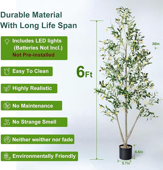 Olive Trees Artificial Indoor, 6FT Tall Faux Olive Tree with Moss and Planter, Artificial Plants Indoor with Realistic Silk Leaves and Lifelike Fruits, Fake Tree for Home Office Living Room Decor