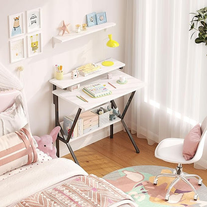 COTUBLR Small Desk, Small Computer Desk for Spaces, 27.5 Inch Computer Desk with Adjustable Monitor Stand, Compact Desk with Storage for Bedroom Home Office, White Tabletop+Black Frame