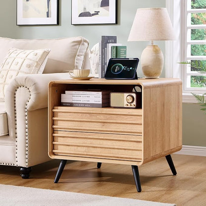 RedLemon 24" Nightstand with Charger Station, Mid Century Modern Fluted End Table with 2 Drawers, Wooden Side Table with Open Cubby Storage for Living Room, Bedroom, Office (Natural Oak)
