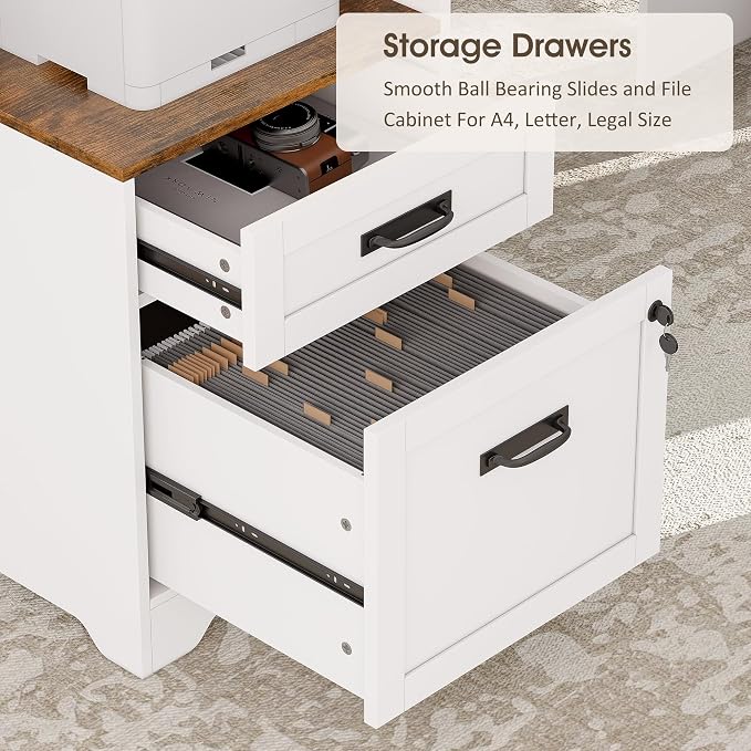 Whalefall 63'' Farmhouse L Shaped Desk with Monitor Stand Shelves, White | Corner Computer Desk with Drawers, Executive Home Office L Desk with File Cabinet Storage and Charging Station
