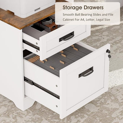Whalefall 63'' Farmhouse L Shaped Desk with Monitor Stand Shelves, White | Corner Computer Desk with Drawers, Executive Home Office L Desk with File Cabinet Storage and Charging Station