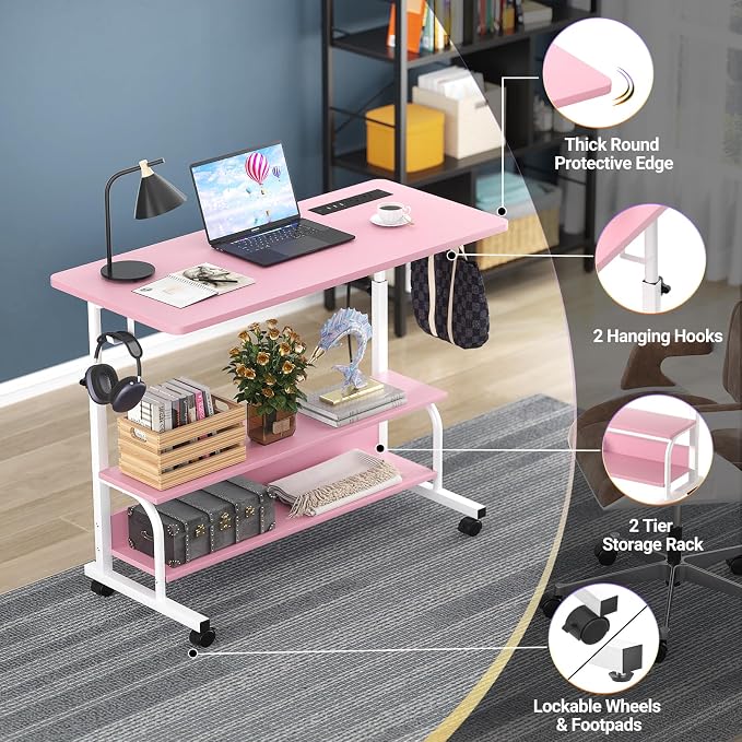 Armocity Rolling Standing Desk with Charging Station, Portable Height Adjustable Mobile Computer Desk with Wheels & 2-Tier Shelves & Hooks, Easy Assembly Laptop Table for Couch Bed, 32" Pink