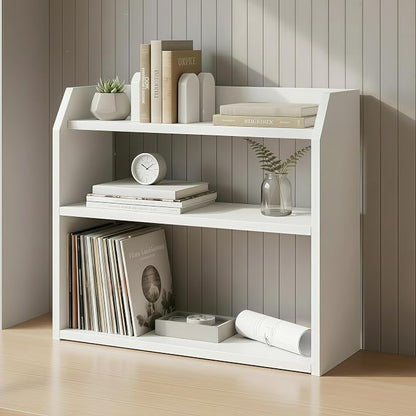 Tangkula 3-Tier Desktop Bookshelf, Wooden Countertop Bookcase with Guardrails, Space-Saving Desk Display Hutch Shelf, Modern Tabletop Storage Organizer for Study Room, Office and Dormitory (2,White)