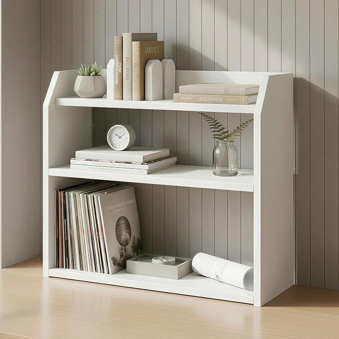 Tangkula 3-Tier Desktop Bookshelf, Wooden Countertop Bookcase with Guardrails, Space-Saving Desk Display Hutch Shelf, Modern Tabletop Storage Organizer for Study Room, Office and Dormitory (1,White)