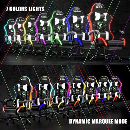 Czlolo Gaming Chair, 2026 Upgraded RGB LED Lights Computer Chair with Footrest, Lumbar Support Massager Gamer Chair, High Back, 90-135° Reclining, Linkage Armrests, White