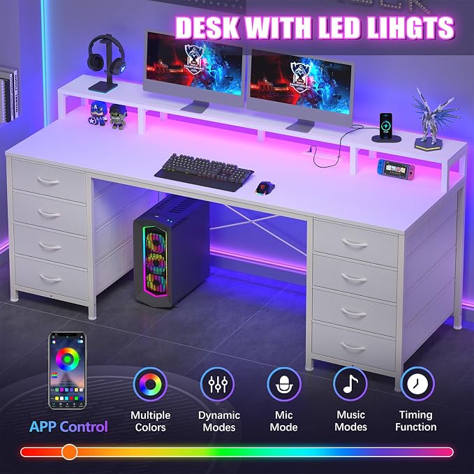YOMILUVE 60 Inch Computer Desk with 8 Fabric Drawers, Gaming Desk with LED Lights & Power Outlets, Home Office Desk with Monitor Stand, White