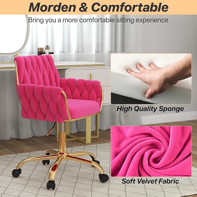 Velvet Home Office Chair, Modern Height-Adjustable Vanity Chair with Golden Base and Hand-Woven Backrest for Bedroom/Study/Vanity (Hot Pink)