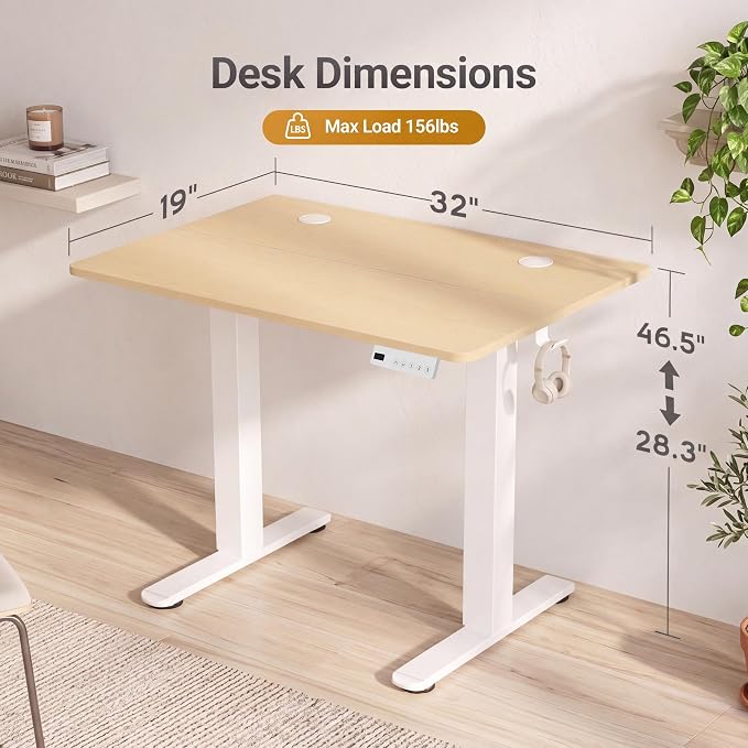 Claiks Electric Standing Desk 32 x 19 Inches, Compact Adjustable Height Motorized Sit Stand Desk with 3 Memory Presets & Cable Management, Space-Saving Computer Workstation for Bedroom, Nature