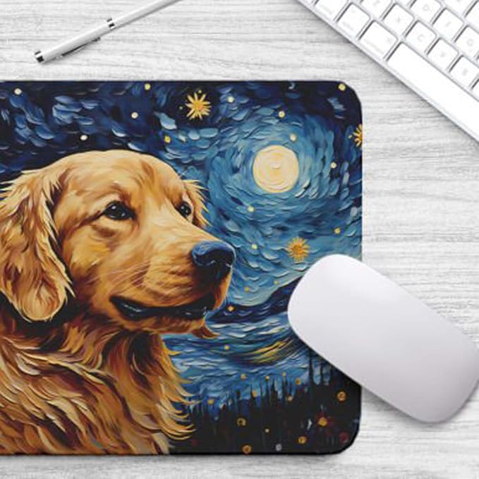 Starry Night Dog Mouse Pad for Home Office Gaming Working Desk Computer Desktop Accessories Non-Slip Rubber Mouse Pad for Dog Lovers (Golden Retriever)