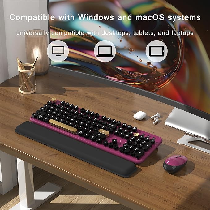 MPTOG Colorful Wireless Computer Keyboard and Mouse Combo with Round Typewriter Keycaps, Retro Design, Power Switch, Ergonomic Design, 2.4GHz Wireless for Windows, Mac, PC（Black-Claret）