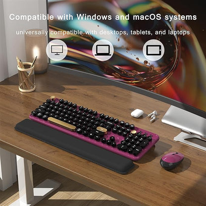 MPTOG Colorful Wireless Computer Keyboard and Mouse Combo with Round Typewriter Keycaps, Retro Design, Power Switch, Ergonomic Design, 2.4GHz Wireless for Windows, Mac, PC（Black-Claret）