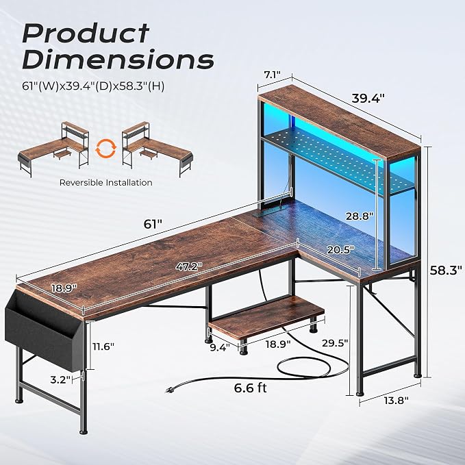 PRAISUN L Shaped Gaming Desk with LED Lights & Power Outlets, Reversible Computer Desk with Storage Shelves & Bag, Large Corner Home Office Desk with Pegboard for Work from Home, Rustic Brown