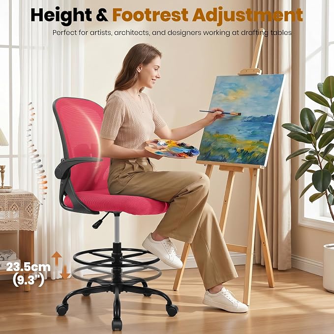 Primy Drafting Chair Tall Office Chair with Flip-up Armrests Executive Ergonomic Computer Standing Desk Chair with Lumbar Support and Adjustable Footrest Ring (Fire Brick)