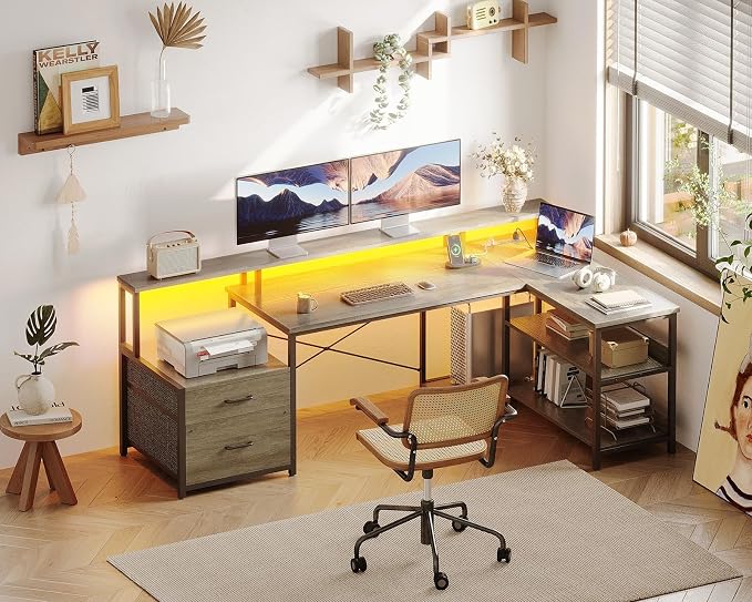 ODK L Shaped Desk with File Drawer, 66" Reversible L Shaped Computer Desk with Power Outlet & LED Strip, Office Desk with Storage Shelves, Gaming Desk with Monitor Shelf, Corner Desk, Grey Oak