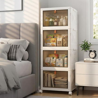 LDQ 136Qt Large Storage Bins with Lids, 4 Tier Stackable Storage Cabinet with Wheels & Clear Doors, Foldable Plastic Closet Organizer for Bedroom, Bathroom & Kitchen