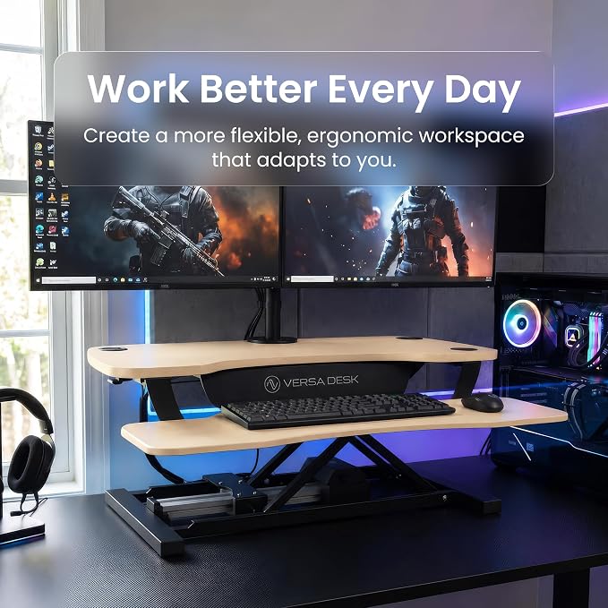 VERSADESK PowerPro 36 Inch Electric Standing Desk Converter – Push-Button Height Adjustable Sit to Stand Desk Riser for Dual Monitors & Laptop – Motorized Desktop Workstation with Wide Keyboard Tray