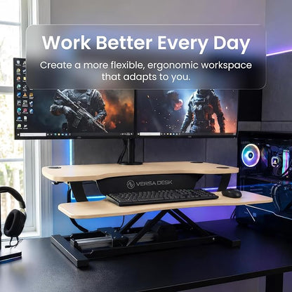 VERSADESK PowerPro 36 Inch Electric Standing Desk Converter – Push-Button Height Adjustable Sit to Stand Desk Riser for Dual Monitors & Laptop – Motorized Desktop Workstation with Wide Keyboard Tray