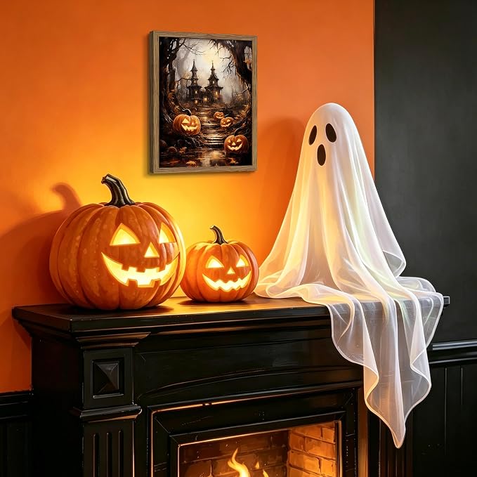Framed Vintage Halloween Wall Art - Spooky Haunted House Canvas Print, Gothic Halloween Wall Decor, Fall Pumpkin Picture Painting for Living Room Bedroom Home, 12x16in Wood Frame