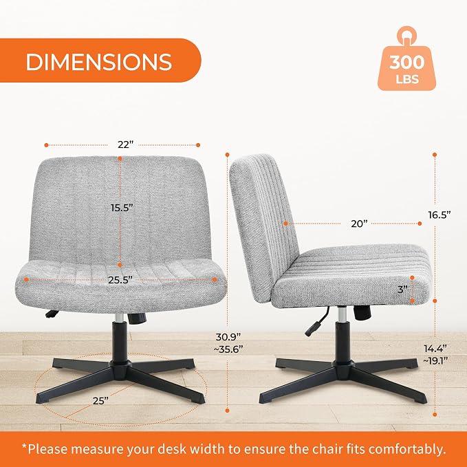 Orange Factory Criss Cross Chair No Wheel Wide Cross Legged Office Desk Vanity Chair Comfy Fabric Armless Adjustable Swivel for Home Computer Task (Grey No Wheel, Classic Fabric)