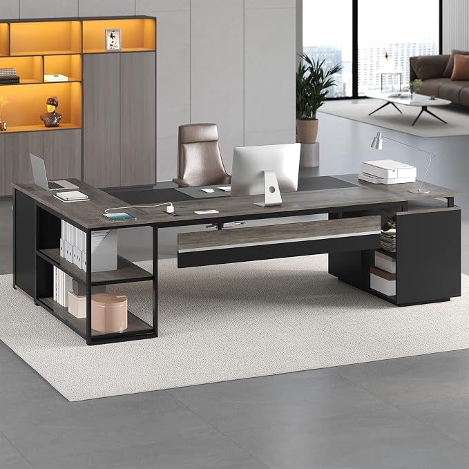 78" Executive Desk with Lockable File Cabinet, L Shaped Office Desk with Power Outlets, Large Executive Desk with Drawers and Storage Shelves , Reversible Computer Desk with Privacy Screen, Grey