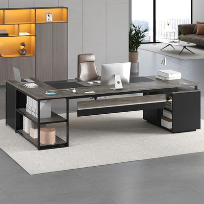 78" Executive Desk with Lockable File Cabinet, L Shaped Office Desk with Power Outlets, Large Executive Desk with Drawers and Storage Shelves , Reversible Computer Desk with Privacy Screen, Grey