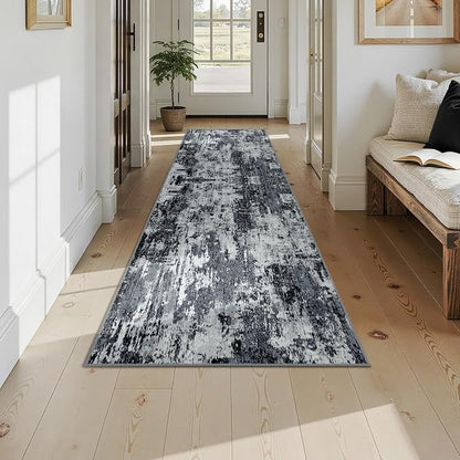 RELEANY Washable Area Rugs 2'6"x10 Non-Slip Modern Abstract Soft for Living Room Entryway Bedroom Kitchen, Print Pattern, Black Navy Blue Gray