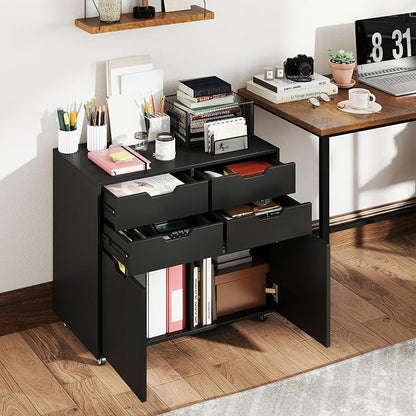 Giantex 4-Drawer File Cabinet, Rolling Printer Stand with 2 Lockable Wheels, Wooden Lateral Filing Cabinet, Load 298 Lbs, Under Desk Craft Storage Organizer for Home Office Organization (Black)