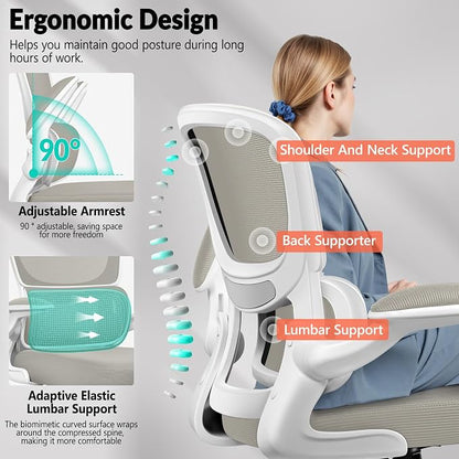 BESTFAIR Ergonomic Mesh Office Chair, Breathable Mesh Computer Desk Chair, Adjustable Lumbar Support, Flip-up Armrests, Executive Swivel Chair for Home Office, LightGray Pack of 8