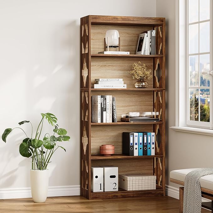 LITTLE TREE 69.9" Vintage Bookshelf, 5-Tier Tall Bookshelves, Cutout Design Vertical Bookcase, Freestanding Storage Display Shelf for Living Room, Bedroom, Study, Office, 1 Pack