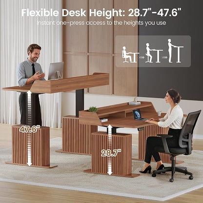 SEDETA Standing Desk with Storage, 55" Fluted Stand Up Desk with Power Outlets and LED Lights, Height-Adjustable Table with Monitor Shelf for Home Office & Gaming, Brown