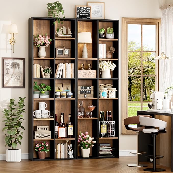 FOTOSOK 71'' Tall Bookshelf Set of 2, 7 Tier Large Bookshelf with Adjustable Shelves, Wide Bookcases and Bookshelf, DVD/CD Media Tower Storage, Cube Book Shelf Display Shelf Cabinet, Black/Brown