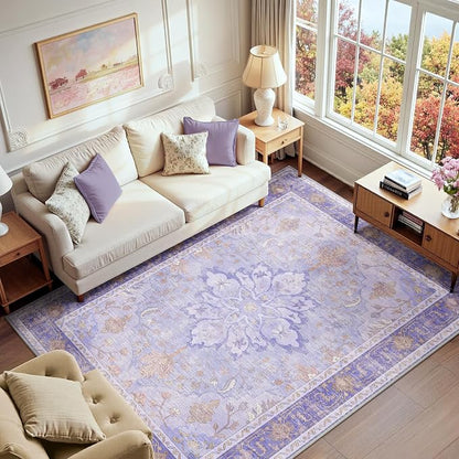RELEANY Area Rugs 6'x9' Washable Non-Slip, Floral Vintage Distress Medallion Carpet for Living Room Bedroom Dining Room, Light Purple Brown