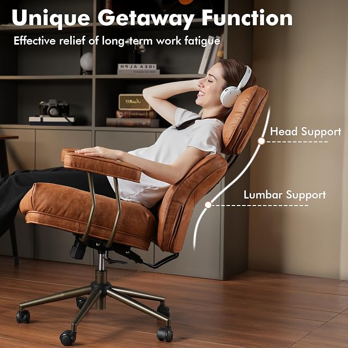 Brown Leather Home Office Chair, Ergonomic High Back Executive Chair with Deep Seat Thick Cushion, Mid Century Modern Big and Tall Computer Desk Chair with Lumbar Support (Light Brown Suede)