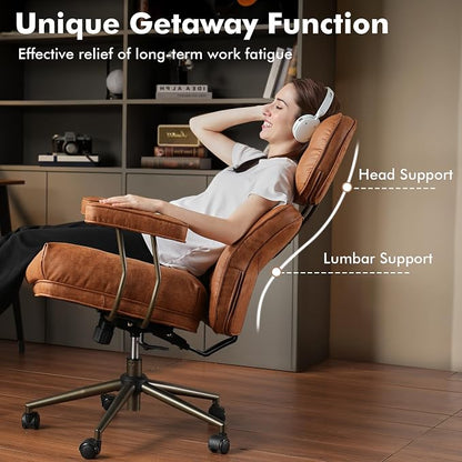 Brown Leather Home Office Chair, Ergonomic High Back Executive Chair with Deep Seat Thick Cushion, Mid Century Modern Big and Tall Computer Desk Chair with Lumbar Support (Light Brown Suede)