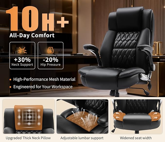 Large High Back Office Chair - Adjustable Lumbar Support, Flip Up Arms, Heavy Duty Metal Base, Breathable Bonded Leather, 2 Storage Bags, Black