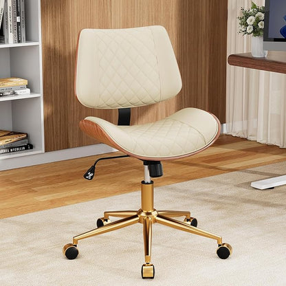 Home Office Desk Chair with Swivel Wheels, Modern PU Leather Armless Office Chair, Small Mid Back Computer Chair for Home Office, Reading Meeting Room (Beige, Gold Wheels)