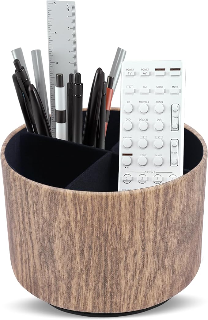 Round Leather Art Supply Organizer,Remote Control Holder,360 Degree Spinning,Multi-Functional Pencil Holder,4 Compartments Desktop Stationary Organizer(1-Thin Wood Brown)