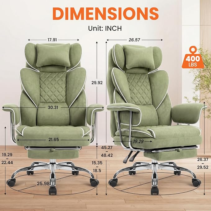 NEO CHAIR Big and Tall Office Chair Gaming Computer Chair High Back Heavy Duty Desk Chai with Lumbar Support Adjustable Recliner Footrest Wide Seat Fabric Executive Home with Wheels (Fabric Green)