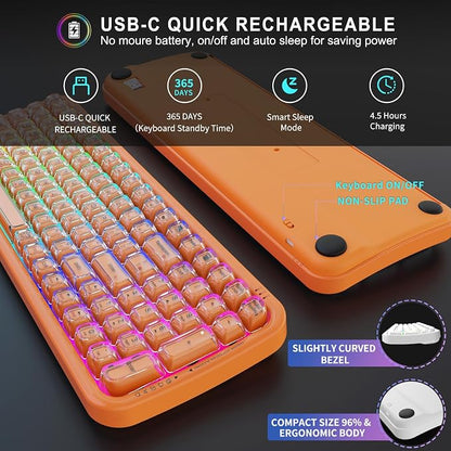 FOPETT Wireless Computer Keyboard with RGB Backlit, Tri-Mode Bluetooth 5.0/USB-C/2.4GHz Gaming Keyboard, Full Size Layout, Ergonomic Curved Design for Windows Mac PC Gamers & Office-Orange
