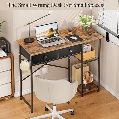 DAOUTIME Small Computer Desk, 36 Inch Writing Desk with Drawers & Storage Shelves, Home Office Writing Desk for Small Spaces, Bedroom, Living Room, Dorm, Rustic Brown