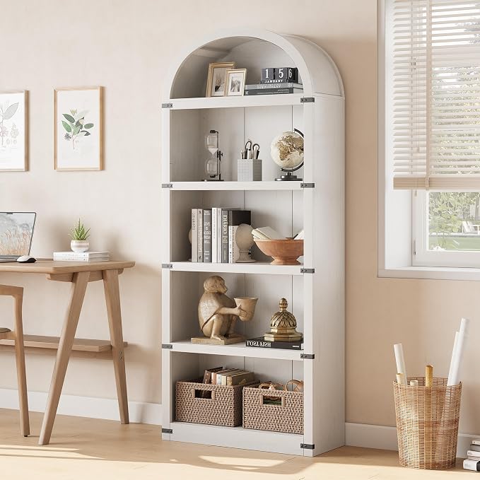 GarveeHome Bookcase 5 Shelf Arched Bookshelf 71.65 in Tall Bookcase Farmhouse Display Storage Rack Wooden Bookshelves for Home Office, Living Room (White)