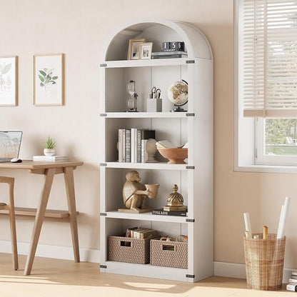 GarveeHome Bookcase 5 Shelf Arched Bookshelf 71.65 in Tall Bookcase Farmhouse Display Storage Rack Wooden Bookshelves for Home Office, Living Room (White)