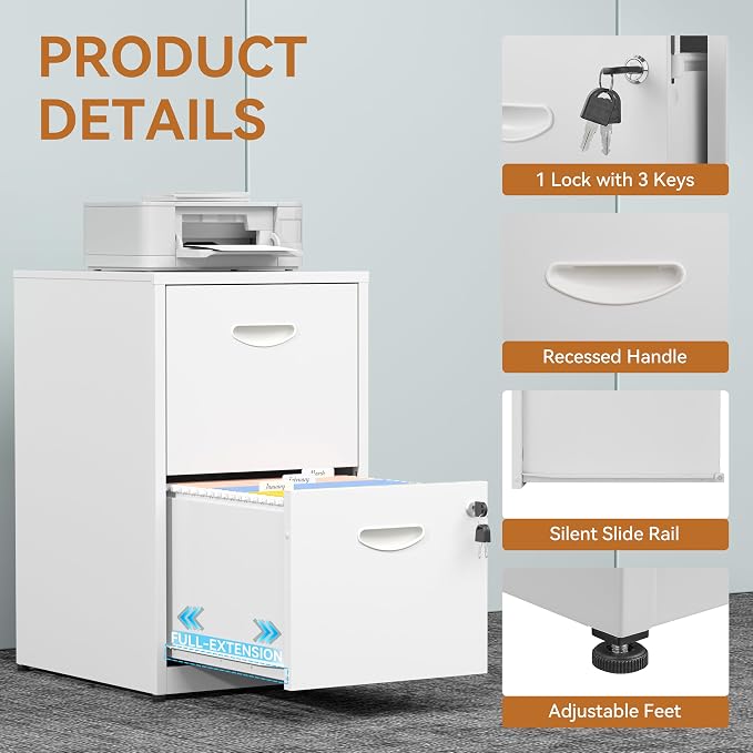 Polup 2 Drawer File Cabinet with Lock, White Filing Cabinets for Home Office, Metal Locking File Cabinet with Two Drawers, Light Duty File Storage Cabinet for Letter Size - Assembly Required