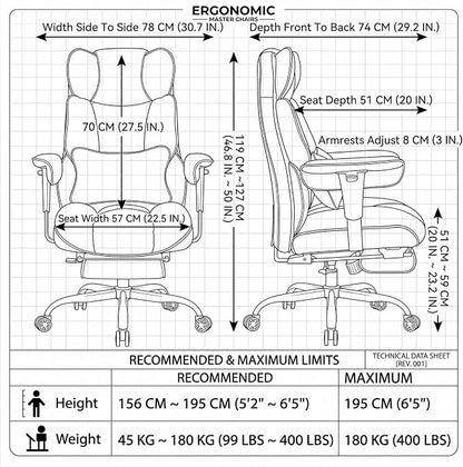 Efomao Executive Office Chair 400lbs, Black Big and Tall Desk Chair | Mattress-grade pocket spring cushion, sleek leather, 135° recline & footrest for computer gaming setup.