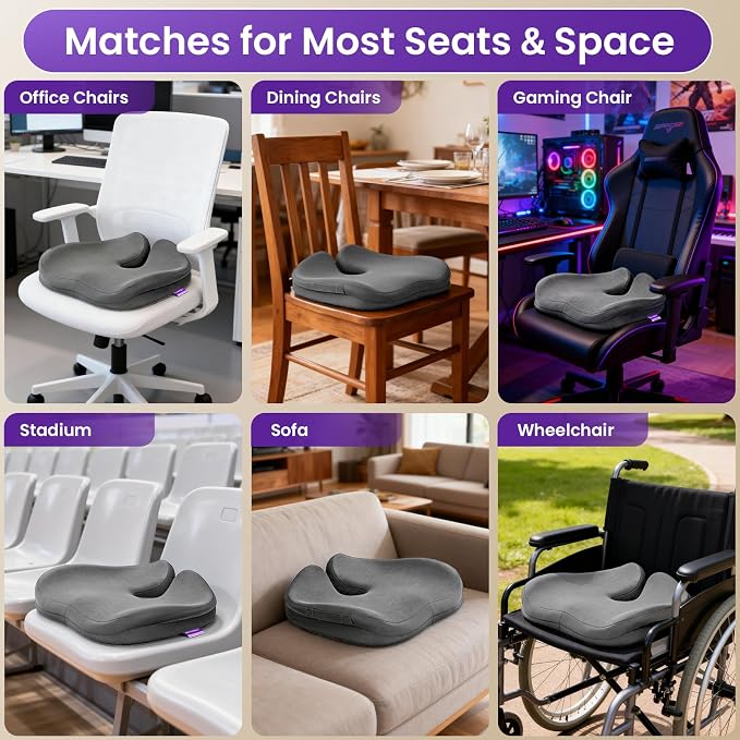 ZZ-WELL Seat Cushions for Office Chairs, Patented Pressure Relief Coccyx Cushion for Tailbone Pain, Memory Foam Butt Pillows for Wheelchair Car Sitting, Carrying Handle, Non-Slip (Grey, Large)
