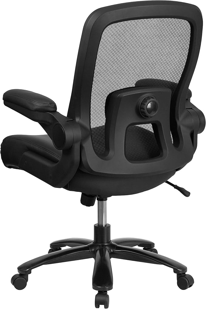 Flash Furniture Big & Tall Swivel Office and Gaming Chair with LeatherSoft Seat, Mesh Office Chair with Flip-Up Armrests and Adjustable Height, Black