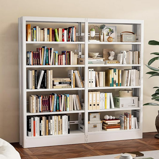 71" Expandable Combination Metal Bookshelf, 5 Tier Library Bookcase with Adjustable Shelves, Heavy Duty Bookshelves and Bookcases, Modern Book Shelf Tall Book Case/Shelves (73" W, White)